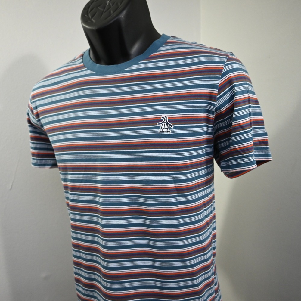 Original Penguin T Shirt Mens M Blue Striped Short Sleeve Organic Cotton Logo